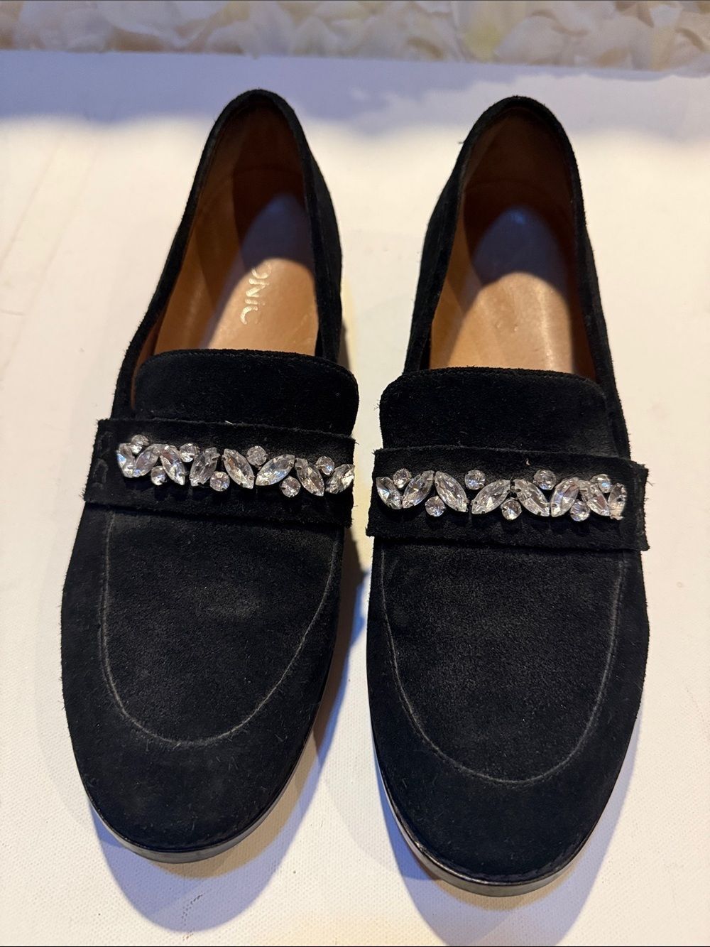Vionic Black Suede Loafers with Crystal Accent